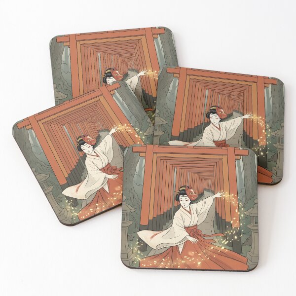 Item preview, Shrine Maiden Dancing Under Torii Gates with Fox Mask designed and sold by TokyoUkiyoHouse.