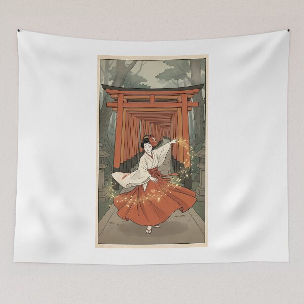 Item preview, Shrine Maiden Dancing Under Torii Gates with Fox Mask designed and sold by TokyoUkiyoHouse.