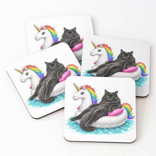 Artikelvorschau, Zeichnung einer lustigen, pummeligen Katze auf einem Regenbogeneinhorn-Schwimmreifen entworfen und verkauft von WolfmanProphecy.