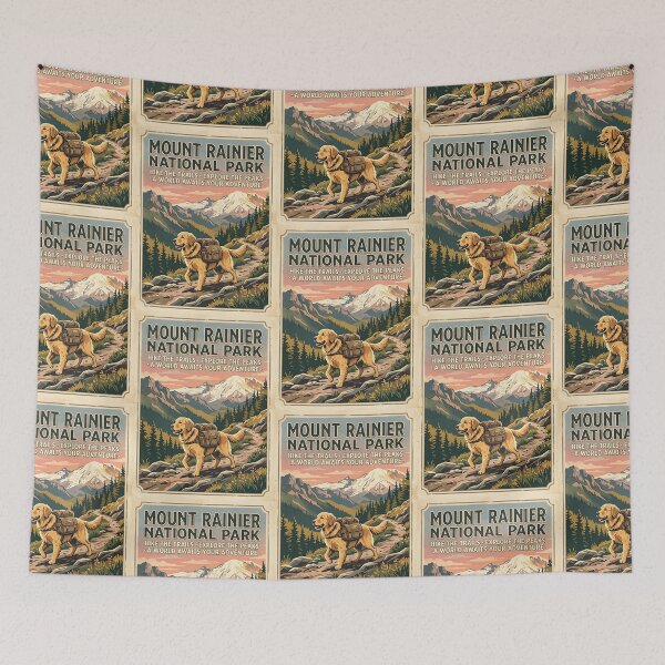 Item preview, Golden Retriever Hiking National Park Vintage Poster designed and sold by PictoVibe.