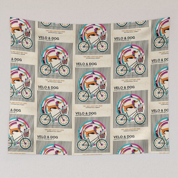 Item preview, Dachshund on a Bicycle Mid-Century Poster designed and sold by PictoVibe.