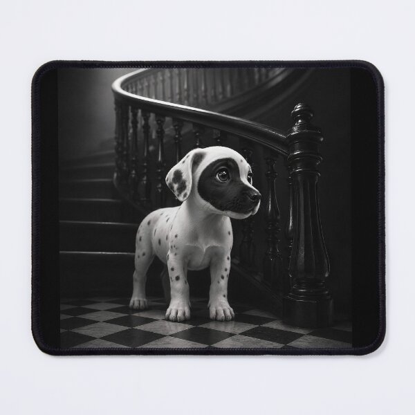 Item preview, Vintage Gothic Staircase Spotted Puppy Art Print designed and sold by RescueHeart10.