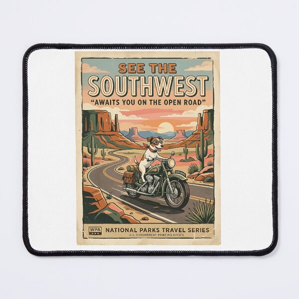 Item preview, Jack Russell Motorcycle Desert Highway Vintage Poster designed and sold by PictoVibe.