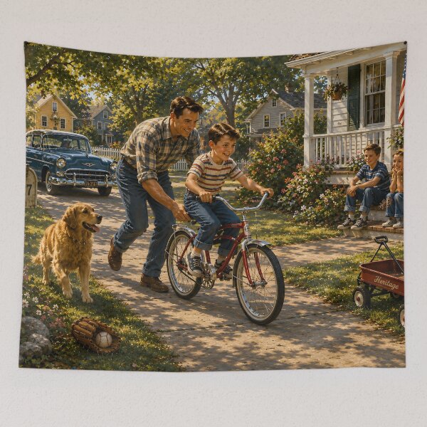 Item preview, Vintage Father Teaching Son Bicycle Americana Art designed and sold by PuzzlingRooster.