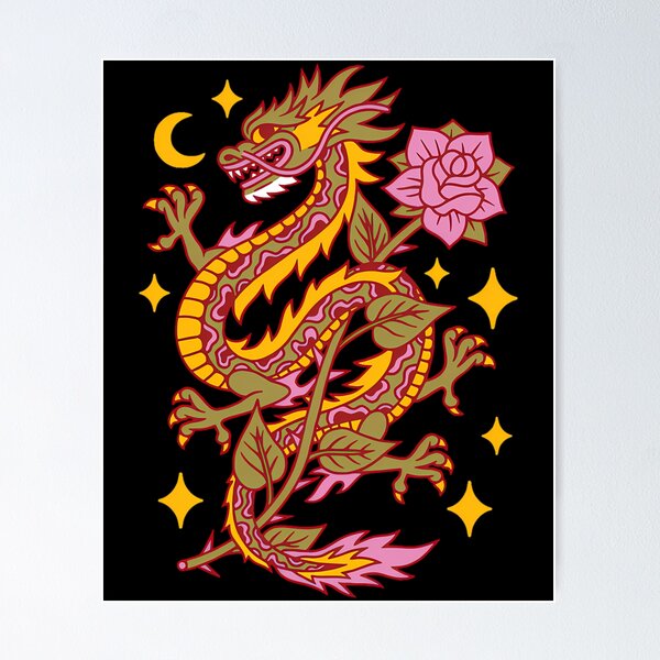 Item preview, Green And Pink Dragon With Pink Rose And Stars designed and sold by Kiguni.