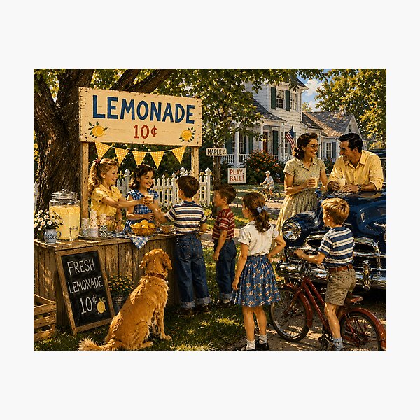 Item preview, Vintage Lemonade Stand Neighborhood Summer Art designed and sold by PuzzlingRooster.