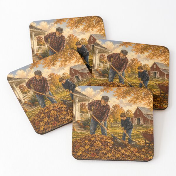 Item preview, Vintage Grandfather and Boy Raking Autumn Leaves Art designed and sold by PuzzlingRooster.