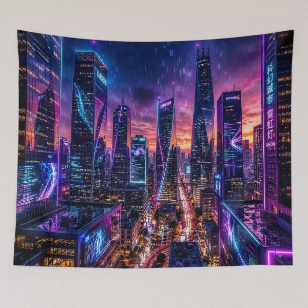 Item preview, Neon Cyberpunk Metropolis – Futuristic Rainy Night City Skyline designed and sold by DreamyWallVibes.