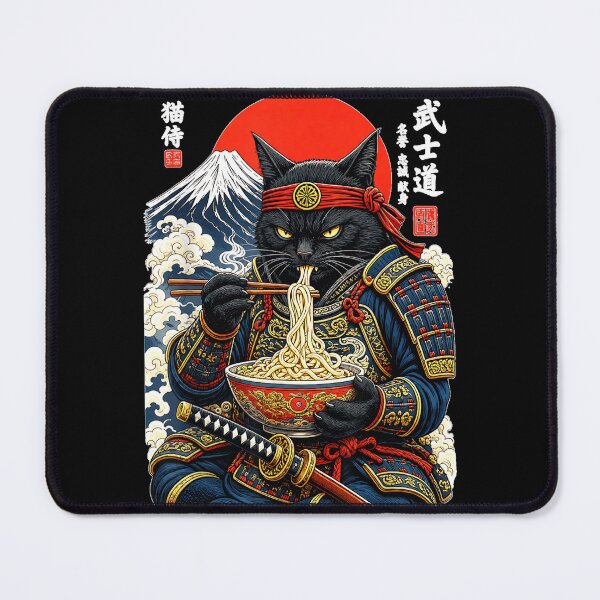 Item preview, Black Cat Samurai Eats Ramen Funny Japanese Feline Warrior designed and sold by DogoMalulu.