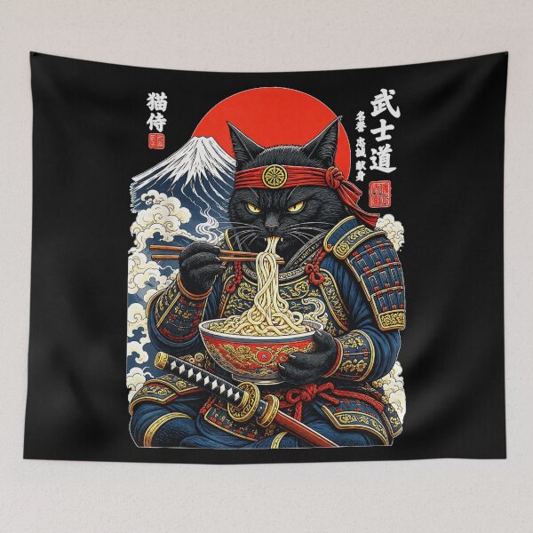 Item preview, Black Cat Samurai Eats Ramen Funny Japanese Feline Warrior  designed and sold by DogoMalulu.