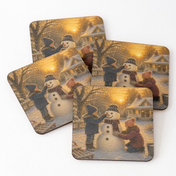 Item preview, Vintage Children Building Snowman Winter Sunset Art designed and sold by PuzzlingRooster.