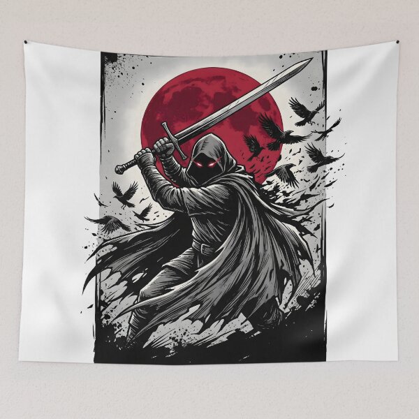 Item preview, Dark Fantasy Hooded Warrior with Sword and Red Moon Graphic designed and sold by StickerNestYou.