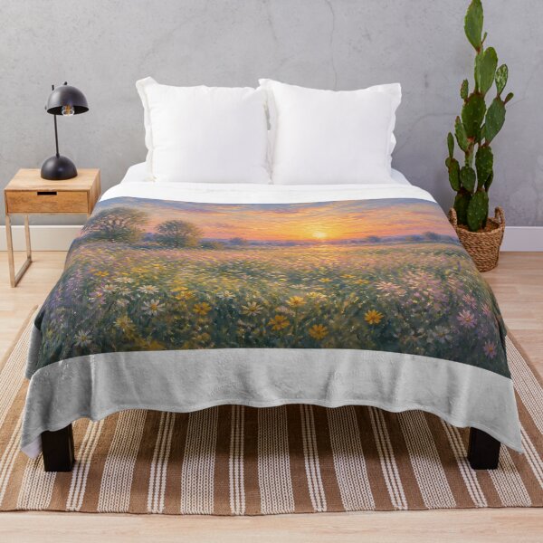 Item preview, Impressionist Sunset Wildflower Meadow Yellow Daisy Oil Painting Wall Art Print designed and sold by Wandered North.