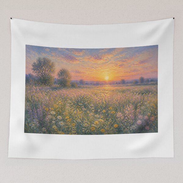 Item preview, Impressionist Sunset Wildflower Meadow Yellow Daisy Oil Painting Wall Art Print designed and sold by Wandered North.