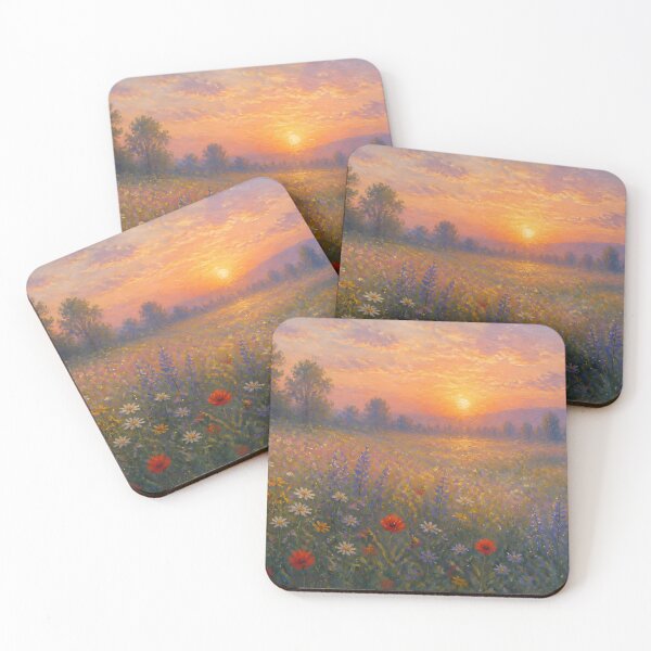 Item preview, Impressionist Poppy Meadow Sunset Landscape Fine Art Oil Painting Print designed and sold by Wandered North.