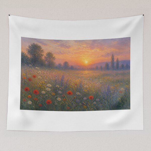 Item preview, Impressionist Poppy Meadow Sunset Landscape Fine Art Oil Painting Print designed and sold by Wandered North.