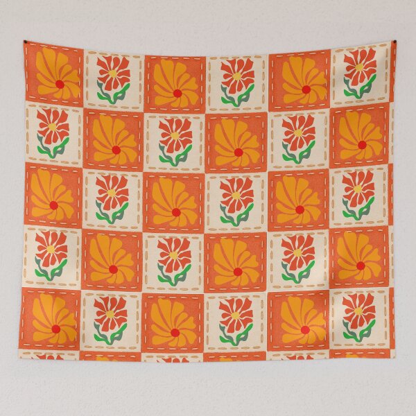 Item preview, Retro Checkered Pattern with Groovy Flowers designed and sold by shazdesign24.