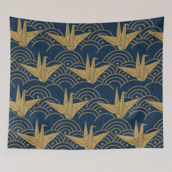 Item preview, Japanese Origami Crane & Seigaiha Wave Pattern – Navy and Gold designed and sold by vekotpu.
