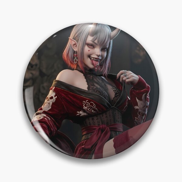 Item preview, White Hair Oni Demon Girl Red Kimono designed and sold by GalleryBrisArt.