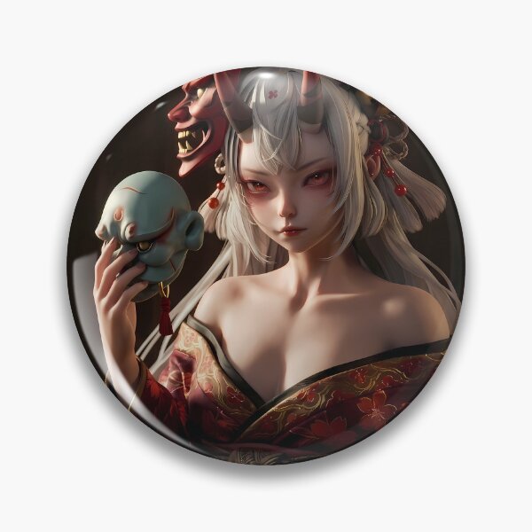 Item preview, White Hair Oni Demon Girl Red Kimono designed and sold by GalleryBrisArt.