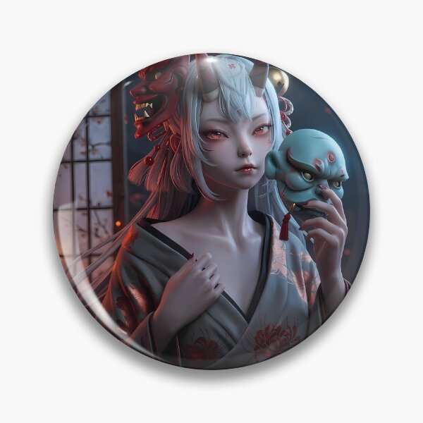 Item preview, White Hair Oni Demon Girl Red Kimono designed and sold by GalleryBrisArt.