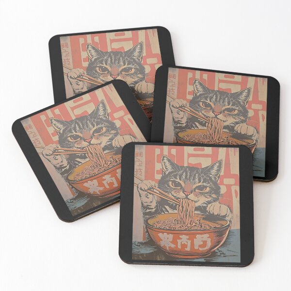 Item preview, Vintage Japanese Cat Canvas Wall Art, Quirky Black Cat Eating Ramen Poster designed and sold by tystock.
