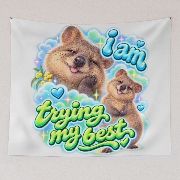 Item preview, I Am Trying My Best Cute Quokka Australian Happiest Animal Funny Mental Health Y2K Bubble Text Wattle Flower designed and sold by Yellowriversss.