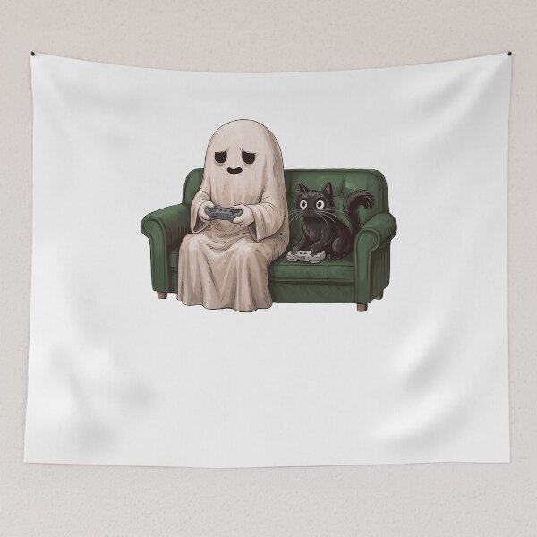Item preview, Halloween Ghost Playing Video Game with Black Cat  designed and sold by ellapaintcoast.
