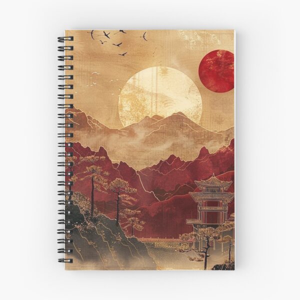 Item preview, Vintage Japanese Gold Pagoda Red Mountain Sunset Crane Art designed and sold by LYAN-STORE.