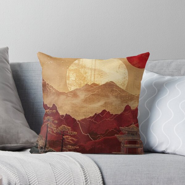 Item preview, Vintage Japanese Gold Pagoda Red Mountain Sunset Crane Art designed and sold by LYAN-STORE.