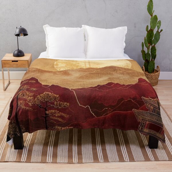 Item preview, Vintage Japanese Gold Pagoda Red Mountain Sunset Crane Art designed and sold by LYAN-STORE.