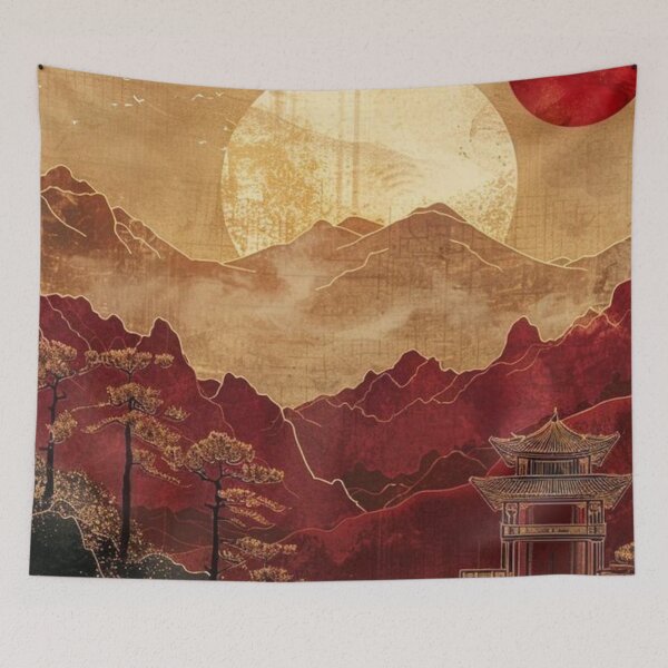 Item preview, Vintage Japanese Gold Pagoda Red Mountain Sunset Crane Art designed and sold by LYAN-STORE.