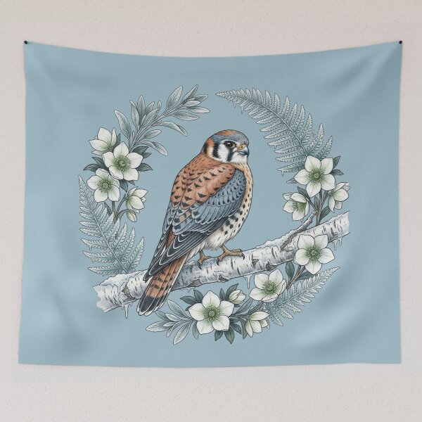 Item preview, American Kestrel Vintage Winter Botanical Wreath Bird Art  designed and sold by BirdsnStuff.