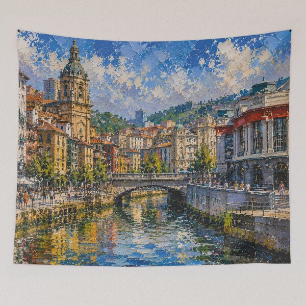 Item preview, Bilbao, Spain – a painting of a summer day in this beautiful European city. designed and sold by GalleryKauffeld.