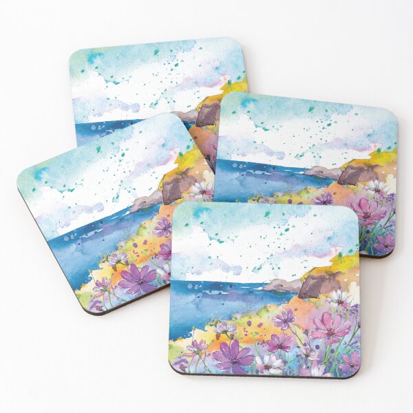 Item preview, Flowers by the Sea Watercolor | Colorful Coastal Floral Landscape designed and sold by Becky-Poppins.