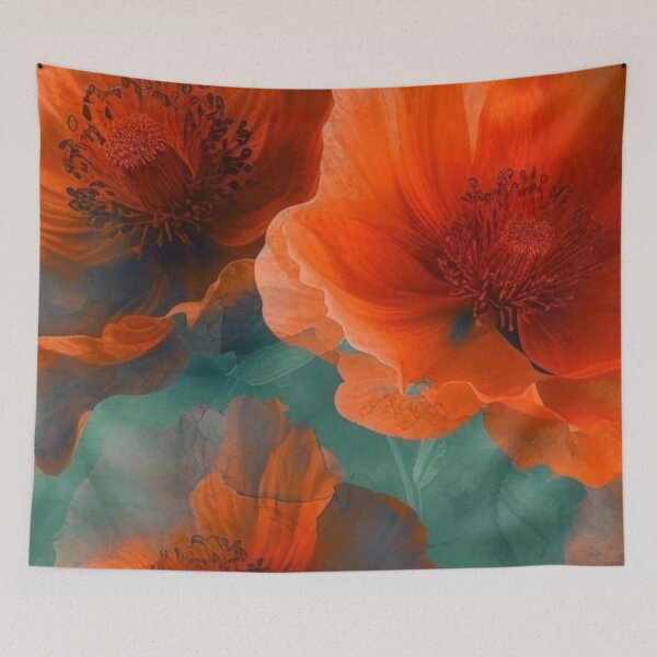 Item preview, Orange Poppies Teal Background Floral Bloom Vintage Art designed and sold by LYAN-STORE.