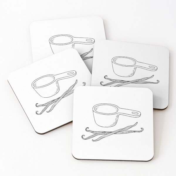 Item preview, A vanilla bean resting next to a measuring spoon in doodle illustration designed and sold by rasagamastore.