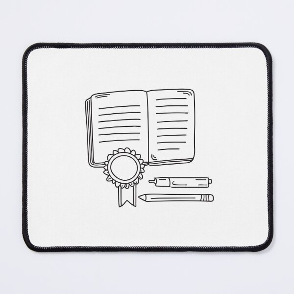 Item preview, A varsity badge lying on a desk beside a notebook in doodle style designed and sold by rasagamastore.