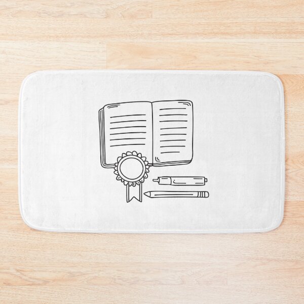 Item preview, A varsity badge lying on a desk beside a notebook in doodle style designed and sold by rasagamastore.