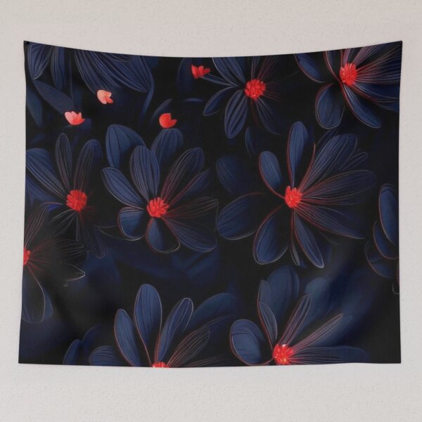 Item preview, Dark Navy Blue Floral Pattern Red Center Flowers Mood Art designed and sold by LYAN-STORE.