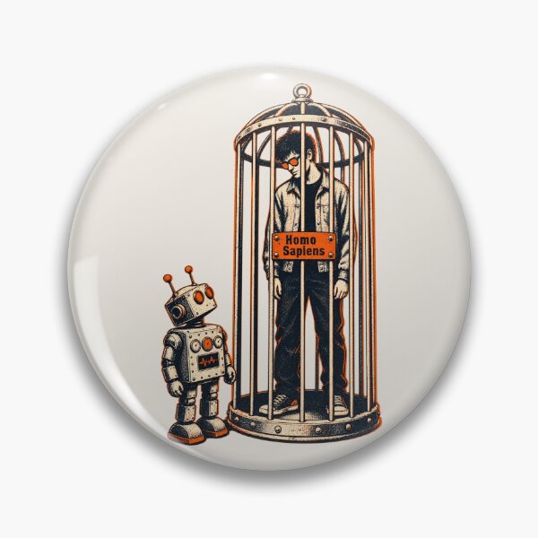 Item preview, Homo Sapiens Exhibit – Robot Watches Caged Human – Retro AI Satire designed and sold by KungPowUnicorn.