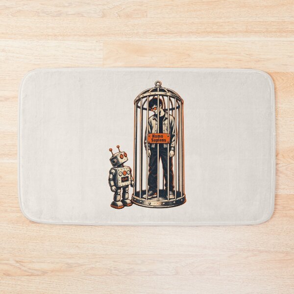 Item preview, Homo Sapiens Exhibit – Robot Watches Caged Human – Retro AI Satire designed and sold by KungPowUnicorn.