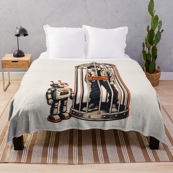 Item preview, Homo Sapiens Exhibit – Robot Watches Caged Human – Retro AI Satire designed and sold by KungPowUnicorn.