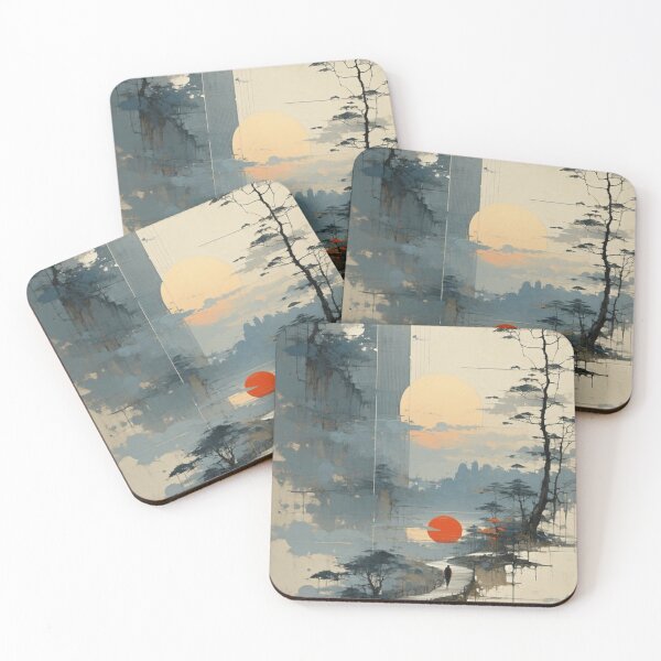 Item preview, Japanese Landscape Wabi Sabi Pine Tree Path Red Sun Ink Painting designed and sold by LYAN-STORE.