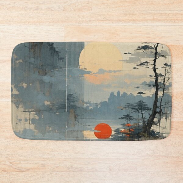 Item preview, Japanese Landscape Wabi Sabi Pine Tree Path Red Sun Ink Painting designed and sold by LYAN-STORE.