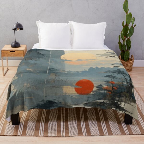 Item preview, Japanese Landscape Wabi Sabi Pine Tree Path Red Sun Ink Painting designed and sold by LYAN-STORE.