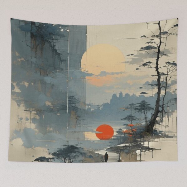 Item preview, Japanese Landscape Wabi Sabi Pine Tree Path Red Sun Ink Painting designed and sold by LYAN-STORE.