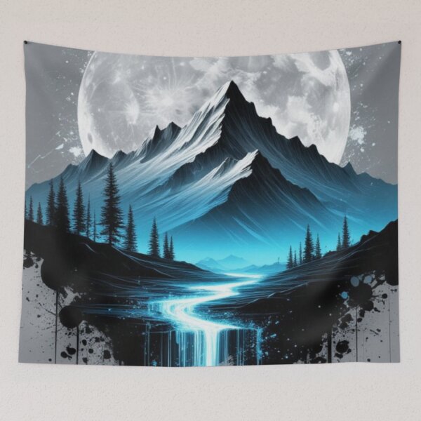 Item preview, Full Moon Mountain Landscape Glowing River Waterfall Splatter Art designed and sold by LYAN-STORE.