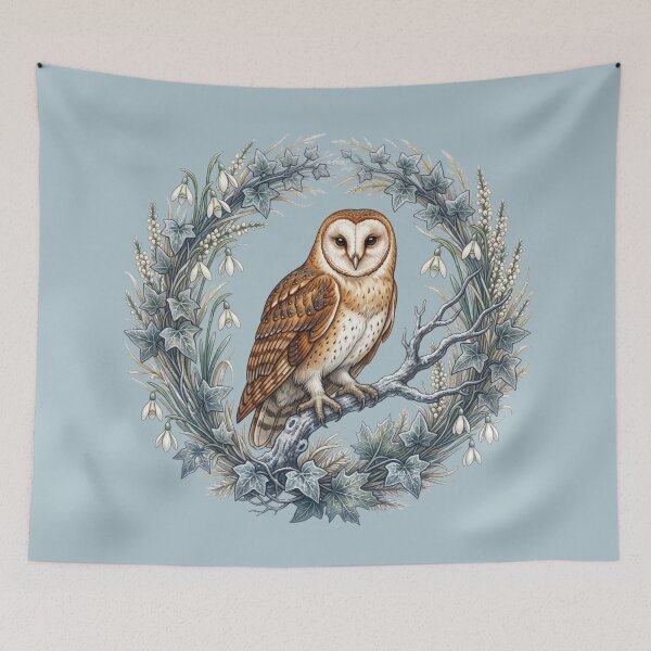 Item preview, Winter Barn Owl Snowdrop Ivy Wreath Botanical Bird Art designed and sold by BirdsnStuff.
