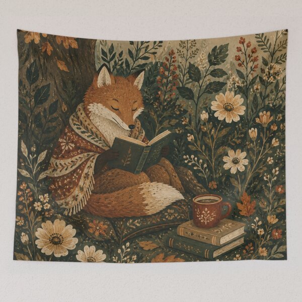 Item preview, Reading Fox in Autumn Botanicals Folk Art Style designed and sold by Jozefin's Studio.